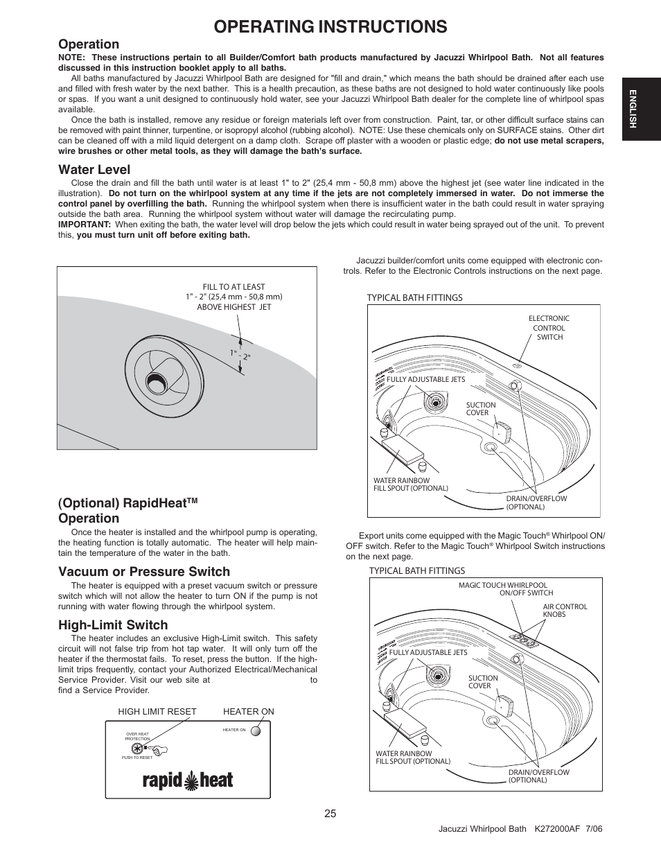 Operating instructions, Operation, Water level | Optional) rapidheat, Vacuum or pressure switch, High-limit switch | Jacuzzi K272000AF 7/06 User Manual | Page 25 / 64