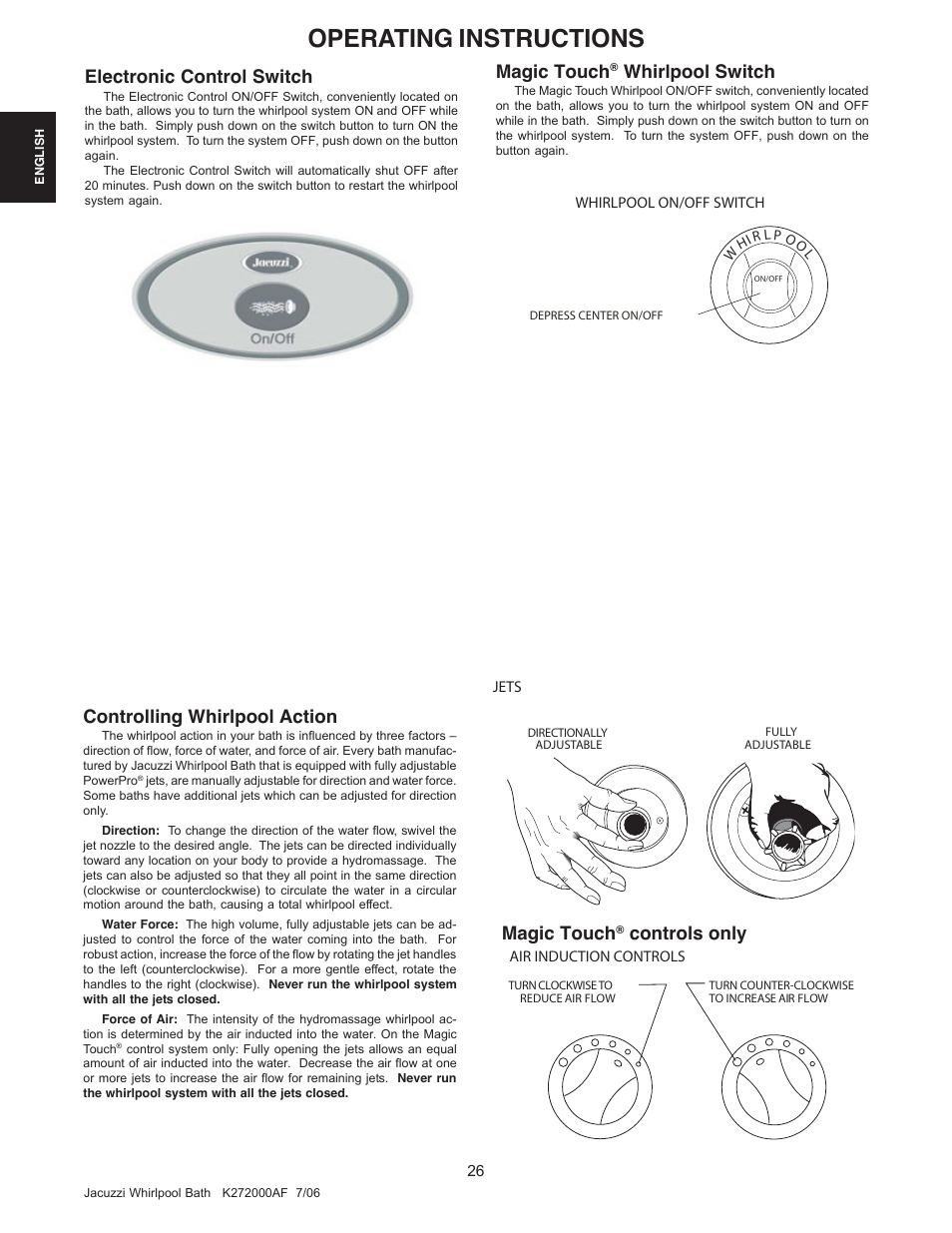 Operating instructions, Controlling whirlpool action, Magic touch | Whirlpool switch, Electronic control switch, Controls only | Jacuzzi K272000AF 7/06 User Manual | Page 26 / 64