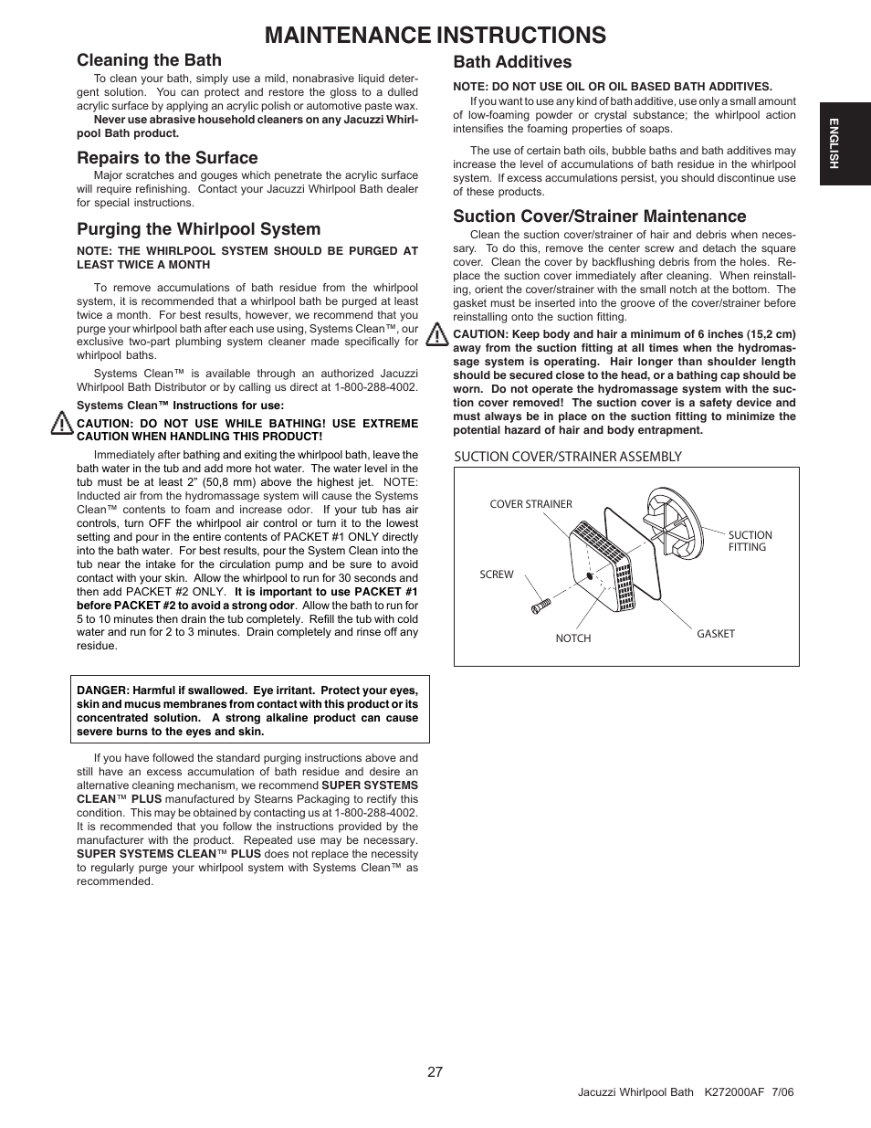 Maintenance instructions, Cleaning the bath, Repairs to the surface | Purging the whirlpool system, Bath additives, Suction cover/strainer maintenance | Jacuzzi K272000AF 7/06 User Manual | Page 27 / 64
