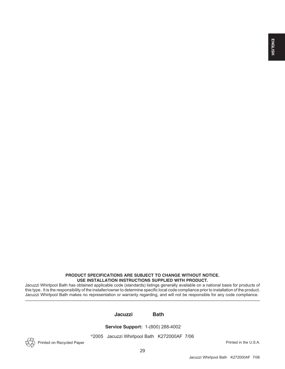 Jacuzzi luxury bath | Jacuzzi K272000AF 7/06 User Manual | Page 29 / 64