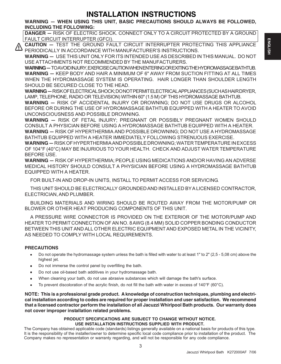 Installation instructions | Jacuzzi K272000AF 7/06 User Manual | Page 3 / 64