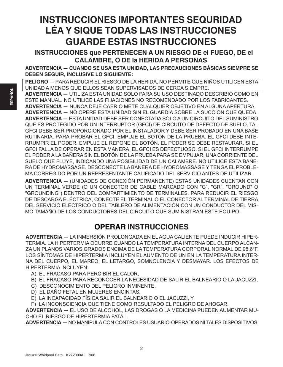 Operar instrucciones | Jacuzzi K272000AF 7/06 User Manual | Page 34 / 64