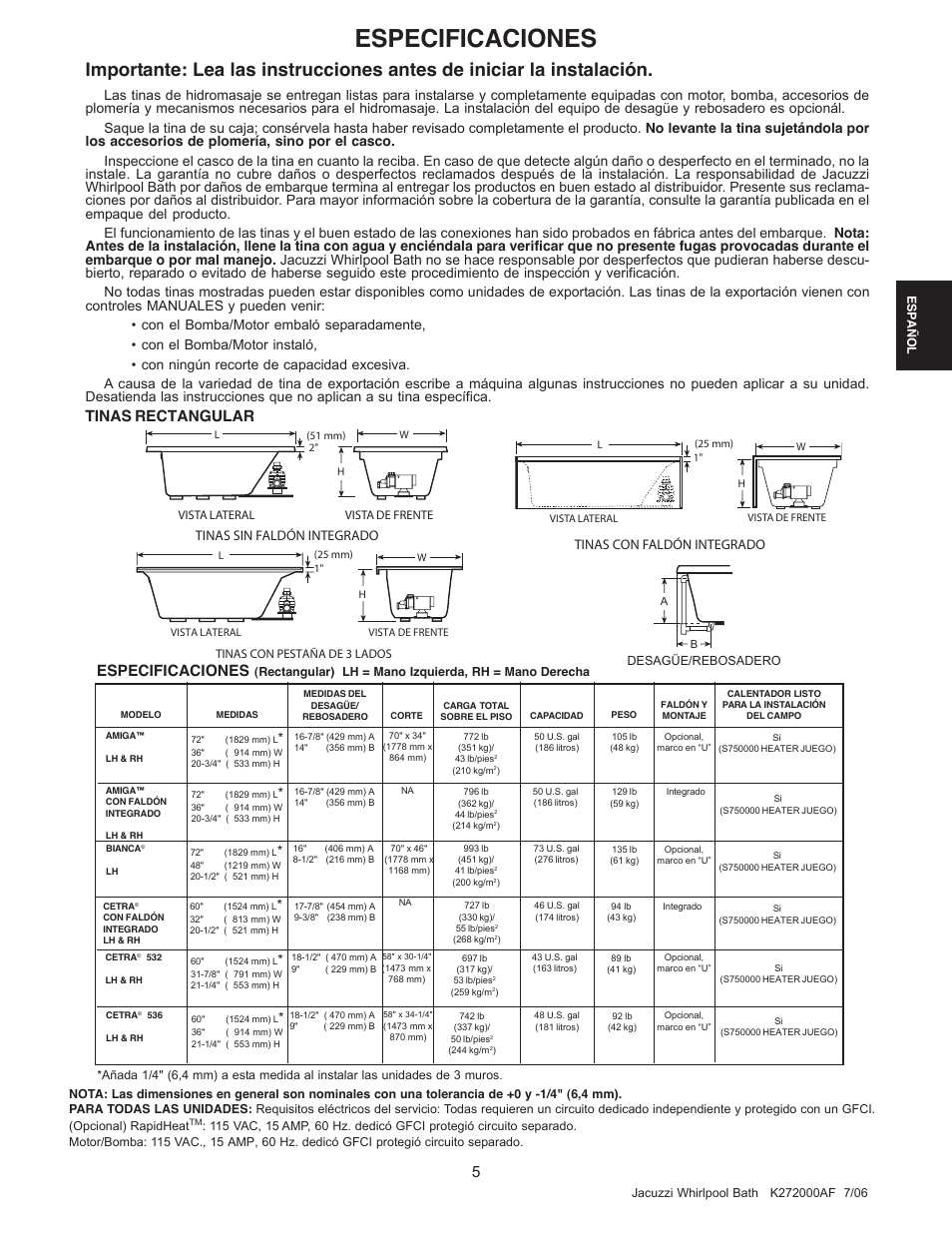 Especificaciones, Tinas rectangular, Tinas sin faldón integrado | Jacuzzi K272000AF 7/06 User Manual | Page 37 / 64