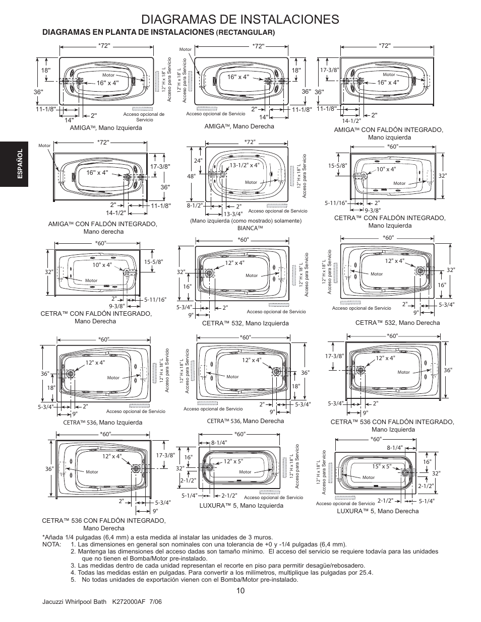 Diagramas de instalaciones, Diagramas en planta de instalaciones | Jacuzzi K272000AF 7/06 User Manual | Page 42 / 64