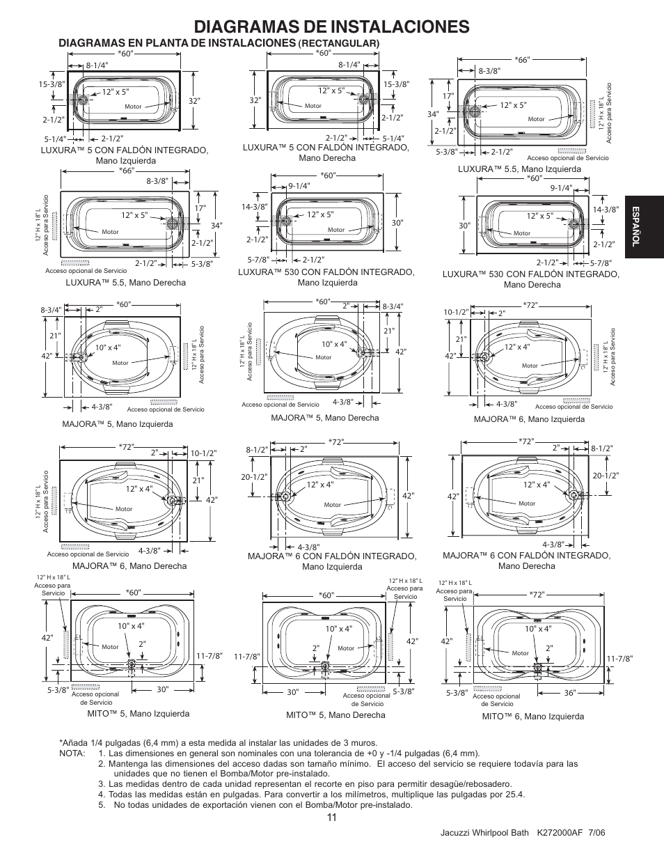 Diagramas de instalaciones, Diagramas en planta de instalaciones | Jacuzzi K272000AF 7/06 User Manual | Page 43 / 64