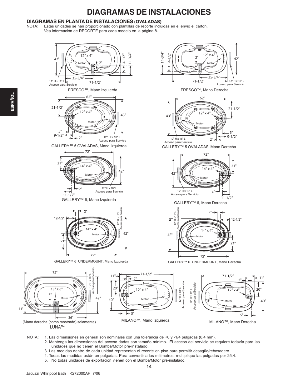 Diagramas de instalaciones, Diagramas en planta de instalaciones | Jacuzzi K272000AF 7/06 User Manual | Page 46 / 64