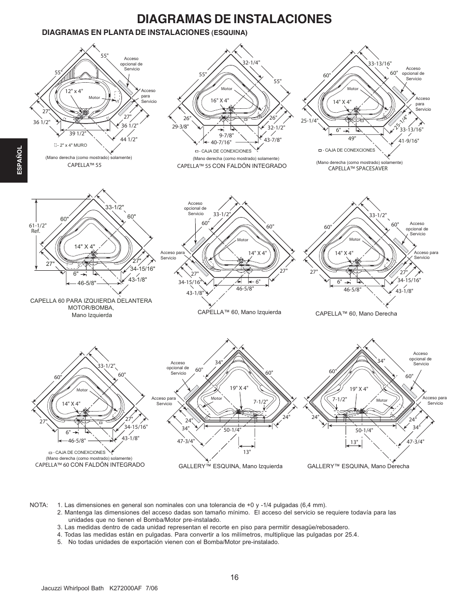 Diagramas de instalaciones, Diagramas en planta de instalaciones, Esquina) | Jacuzzi K272000AF 7/06 User Manual | Page 48 / 64
