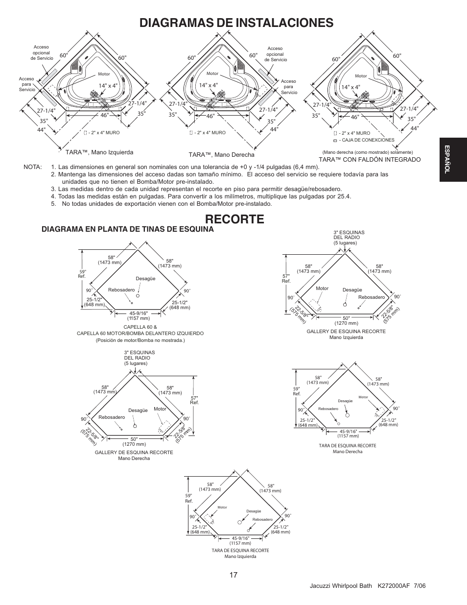 Diagramas de instalaciones recorte, Diagrama en planta de tinas de esquina | Jacuzzi K272000AF 7/06 User Manual | Page 49 / 64