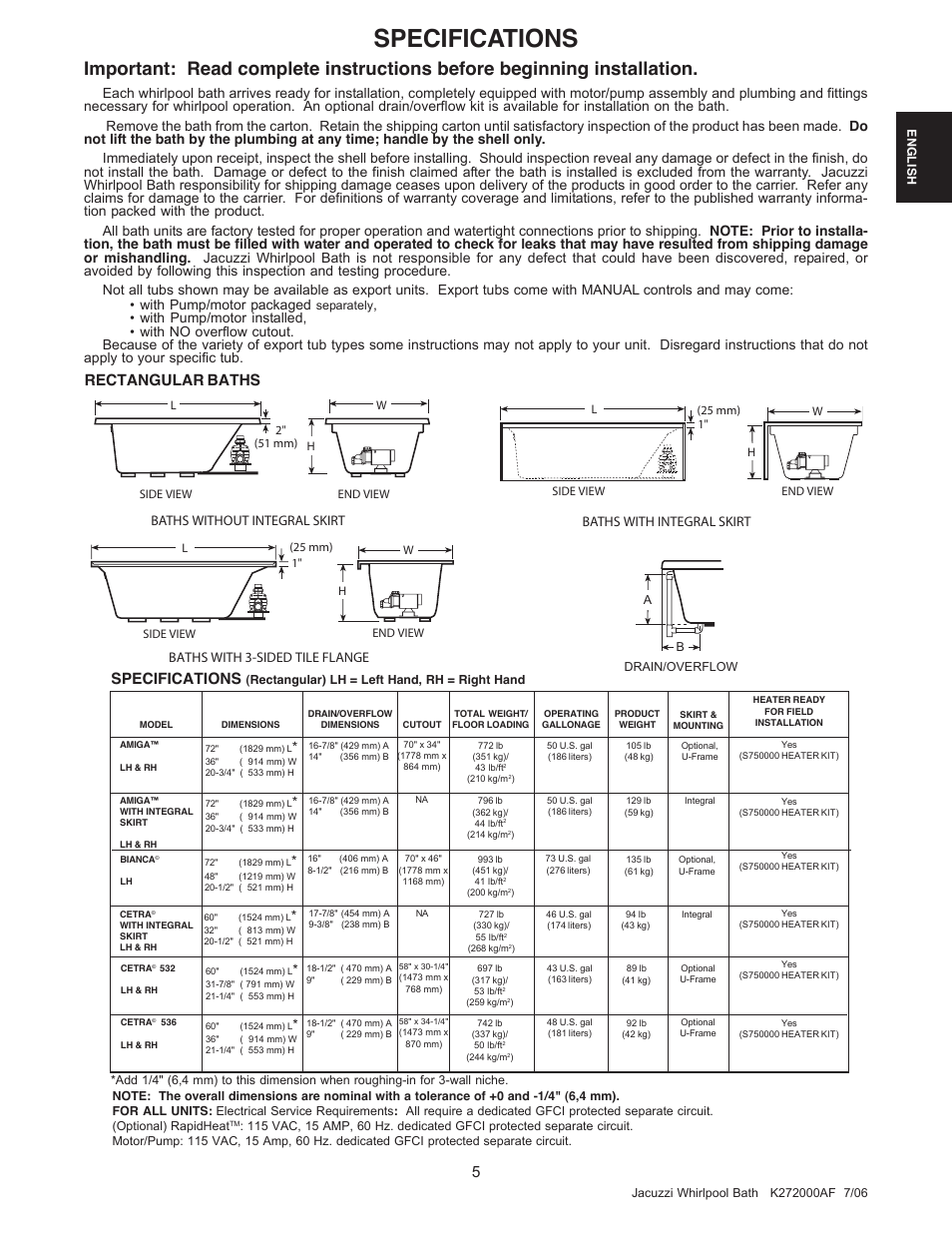Specifications, Rectangular baths, Baths with 3-sided tile flange | Baths with integral skirt | Jacuzzi K272000AF 7/06 User Manual | Page 5 / 64