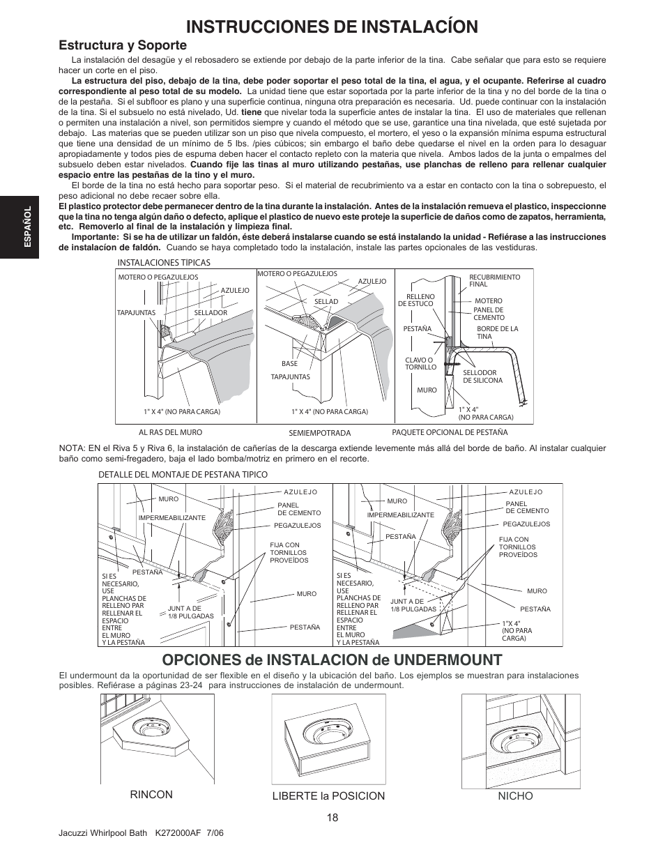 Instrucciones de instalacíon, Opciones de instalacion de undermount, Estructura y soporte | Rincon liberte la posicion nicho | Jacuzzi K272000AF 7/06 User Manual | Page 50 / 64
