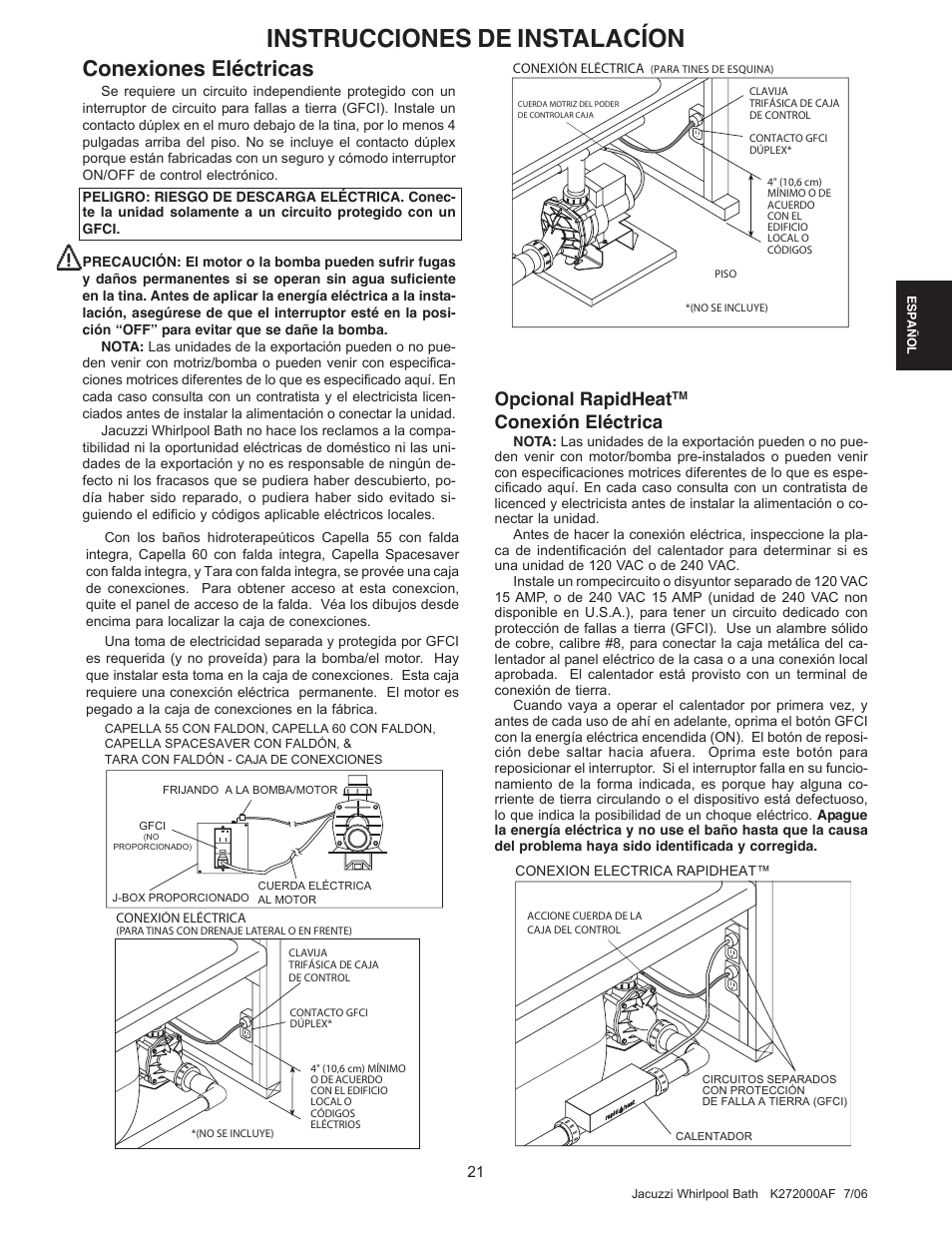 Instrucciones de instalacíon, Conexiones eléctricas, Opcional rapidheat | Conexión eléctrica | Jacuzzi K272000AF 7/06 User Manual | Page 53 / 64