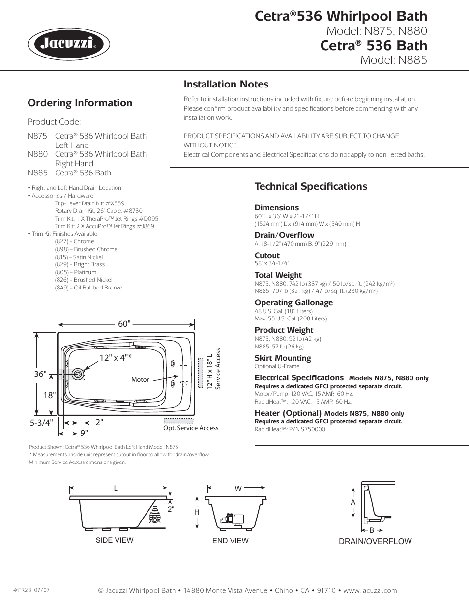 Cetra®536 whirlpool bath, Cetra® 536 bath, Model: n885 | Ordering information, Technical speciﬁ cations | Jacuzzi Cetra N885 User Manual | Page 2 / 2