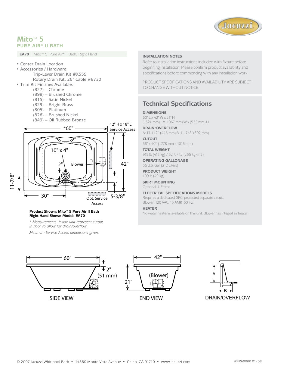 Mito, Technical specifications, Mito® 5, right hand air bath | Jacuzzi Mito 5 Pure air II Bath FR69 User Manual | Page 2 / 2