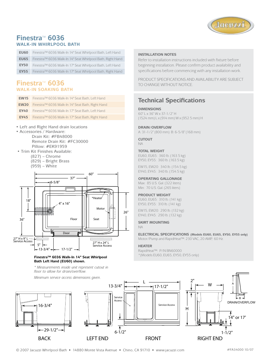 Finestra, Technical specifications, Finestra™ 6036 | Back front left end right end | Jacuzzi EY40 User Manual | Page 2 / 2