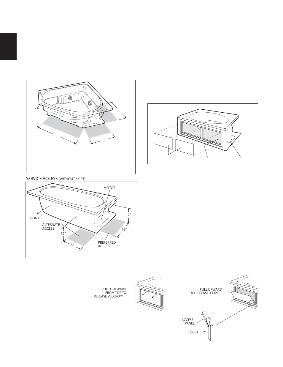 Installation, Removable skirt panel, Service access | Service access with skirt, Service access with integral skirt, Optional rapidheat | Jacuzzi U961000G User Manual | Page 12 / 54