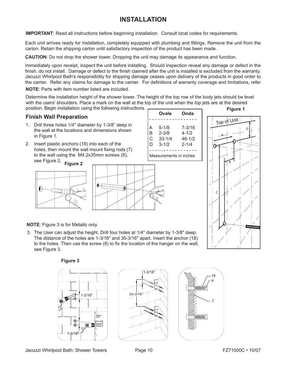 Installation, Finish wall preparation | Jacuzzi ONDA EC30000 User Manual | Page 10 / 16