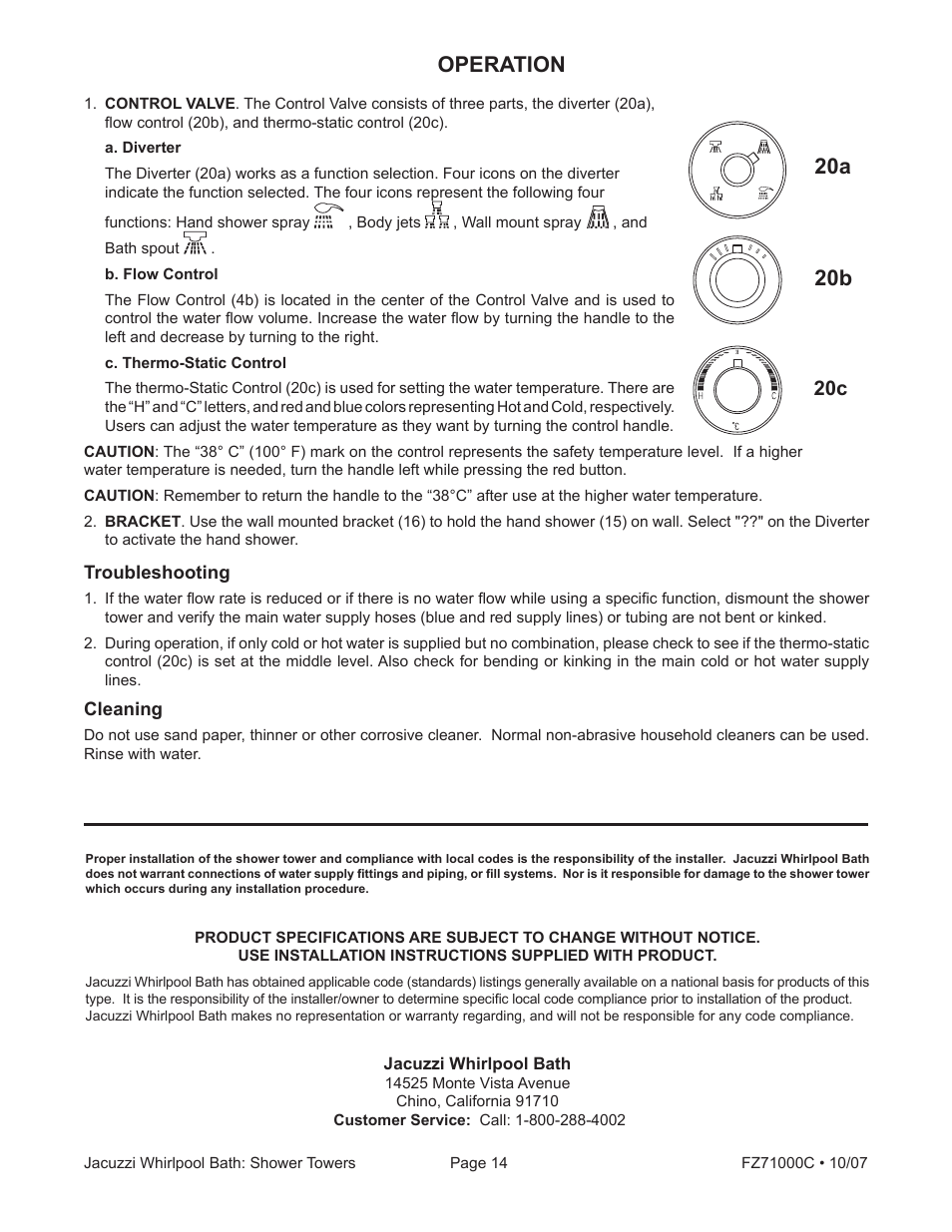 20a 20b, Operation | Jacuzzi ONDA EC30000 User Manual | Page 14 / 16