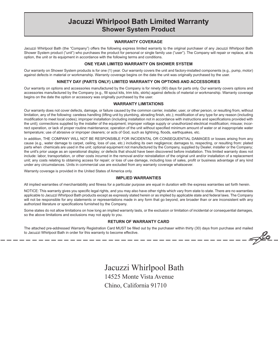 Jacuzzi whirlpool bath, Jacuzzi whirlpool bath limited warranty, Shower system product | Jacuzzi ONDA EC30000 User Manual | Page 15 / 16