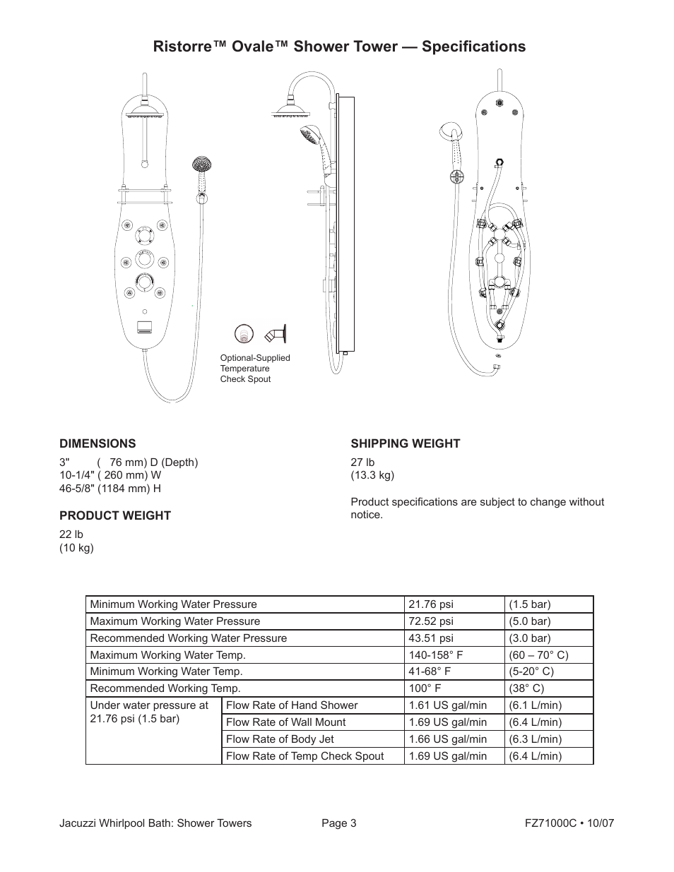 Ristorre™ ovale™ shower tower — specifications | Jacuzzi ONDA EC30000 User Manual | Page 3 / 16