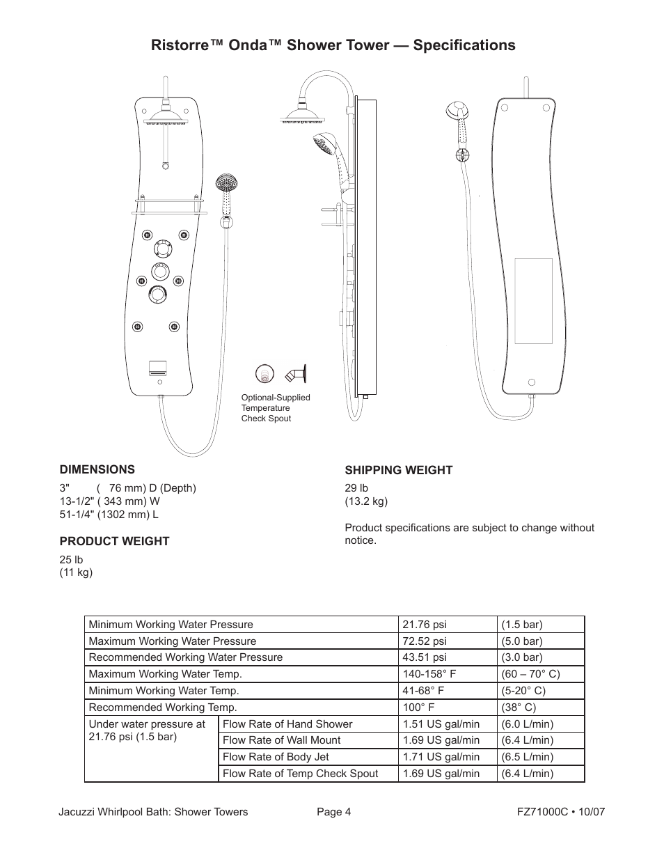 Ristorre™ onda™ shower tower — specifications | Jacuzzi ONDA EC30000 User Manual | Page 4 / 16