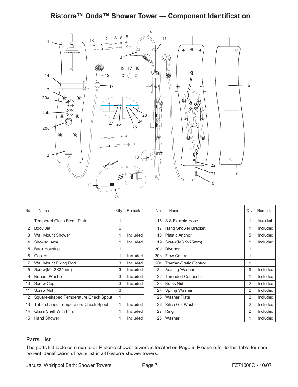 Parts list | Jacuzzi ONDA EC30000 User Manual | Page 7 / 16