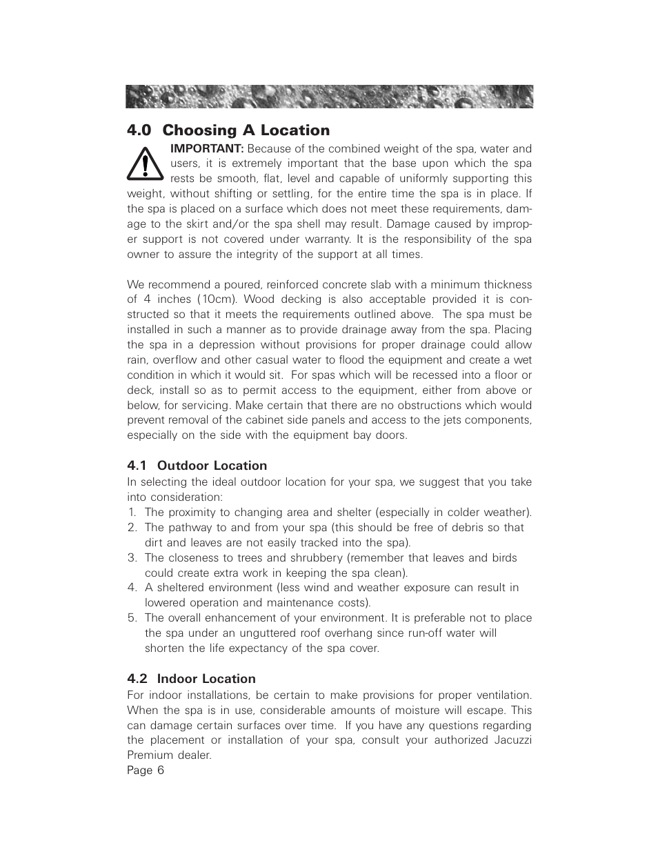 0 choosing a location, 1 outdoor location, 2 indoor location | Choosing a location, Outdoor location, Indoor location | Jacuzzi LCD Series User Manual | Page 10 / 54