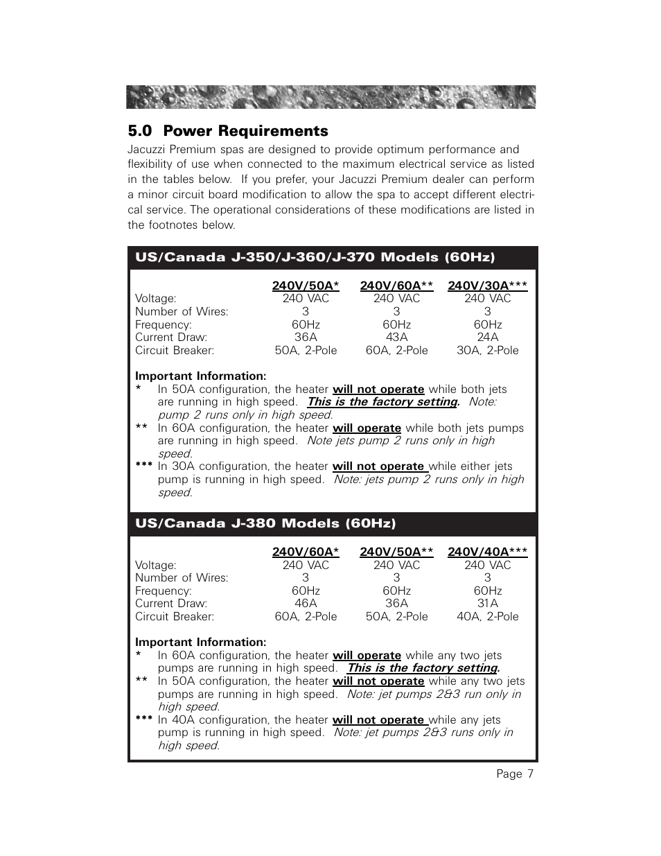 0 power requirements, Us/canada j-350/j-360/j-370 models (60hz), Us/canada j-380 models (60hz) | Power requirements | Jacuzzi LCD Series User Manual | Page 11 / 54