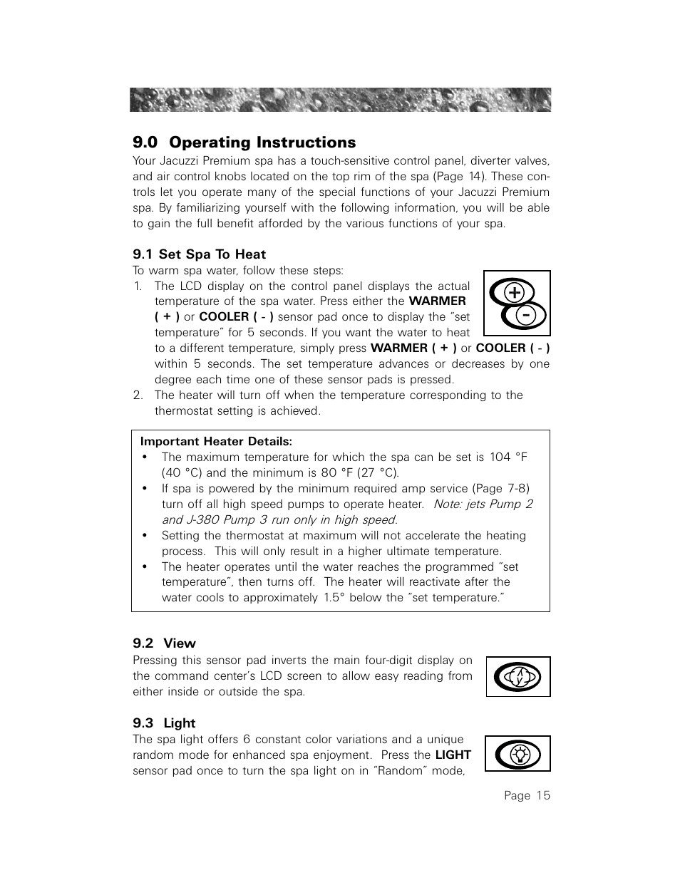 0 operating instructions, 1 set spa to heat, 2 view | 3 light, Operating instructions, Set spa to heat, View, Light | Jacuzzi LCD Series User Manual | Page 19 / 54