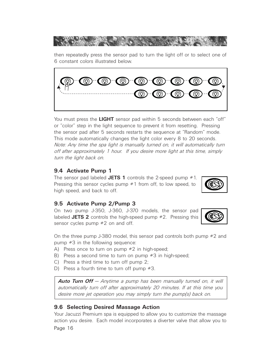 4 activate pump 1, 5 activate pump 2/pump 3, 6 selecting desired massage action | Activate pump 1, Activate pump 2/pump 3, Selecting desired massage action | Jacuzzi LCD Series User Manual | Page 20 / 54