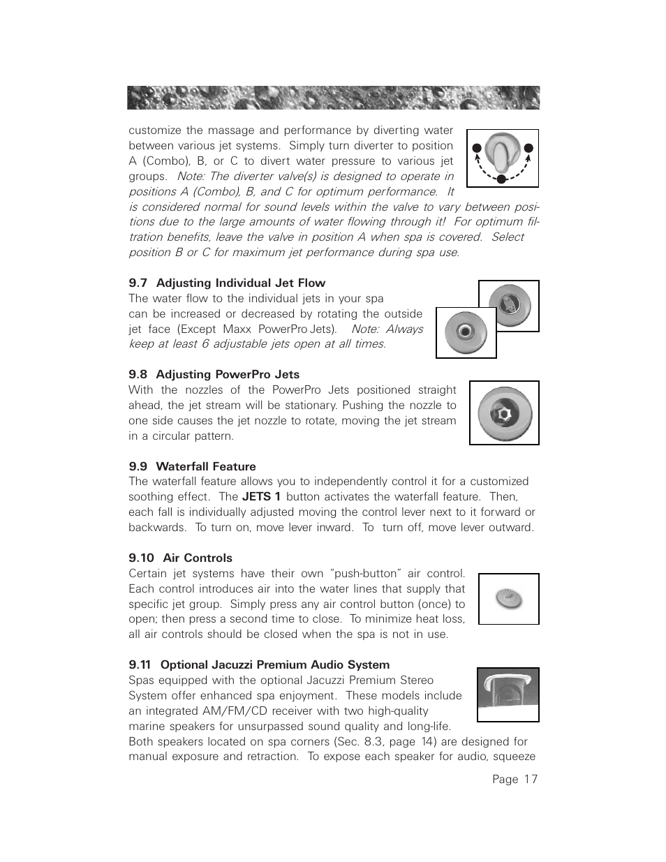 7 adjusting individual jet flow, 8 adjusting powerpro jets, 9 waterfall feature | 10 air controls, 11 optional jacuzzi premium audio system, Adjusting individual jet flow, Adjusting powerpro jets, Waterfall feature | Jacuzzi LCD Series User Manual | Page 21 / 54