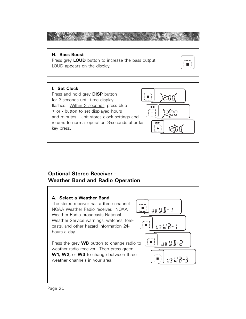 H. bass boost, I. set clock, A. select a weather band | Jacuzzi LCD Series User Manual | Page 24 / 54
