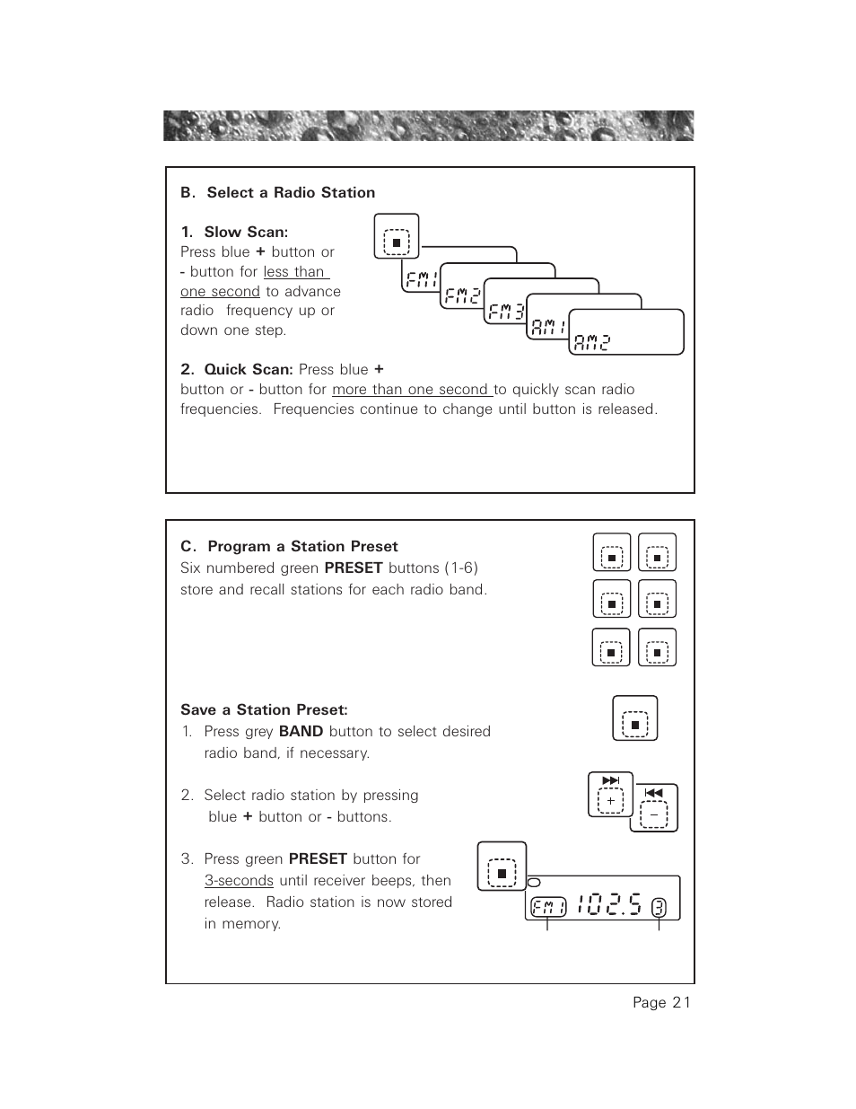 B. select a radio station, C. program a station preset, Page 21 | Jacuzzi LCD Series User Manual | Page 25 / 54
