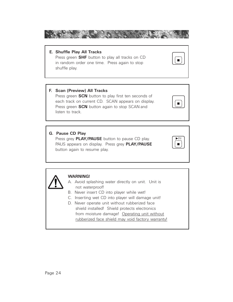 E. shuffle play all tracks, F. scan (preview) all tracks, G. pause cd play | Jacuzzi LCD Series User Manual | Page 28 / 54