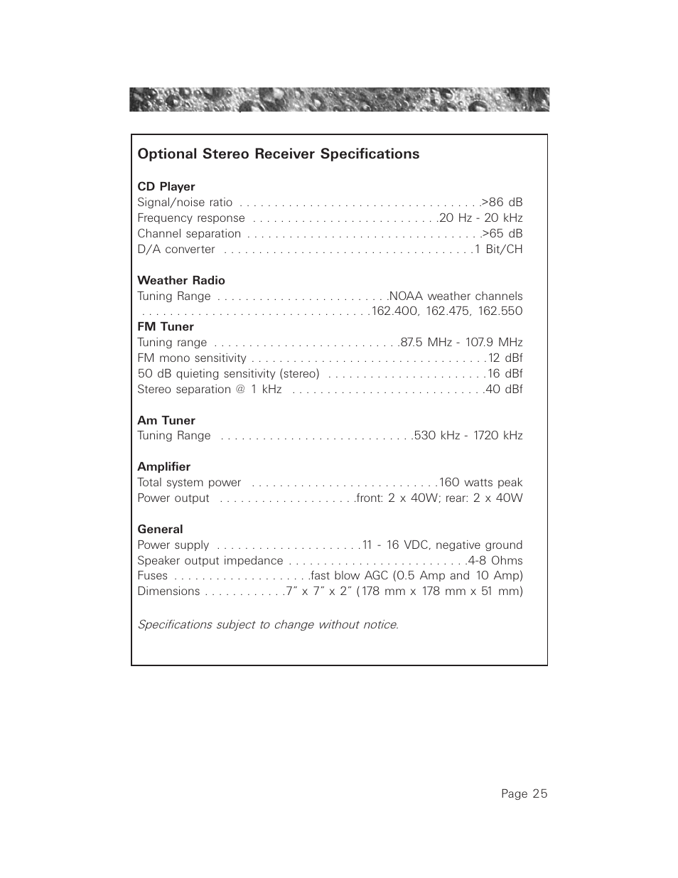 Optional stereo receiver specifications | Jacuzzi LCD Series User Manual | Page 29 / 54