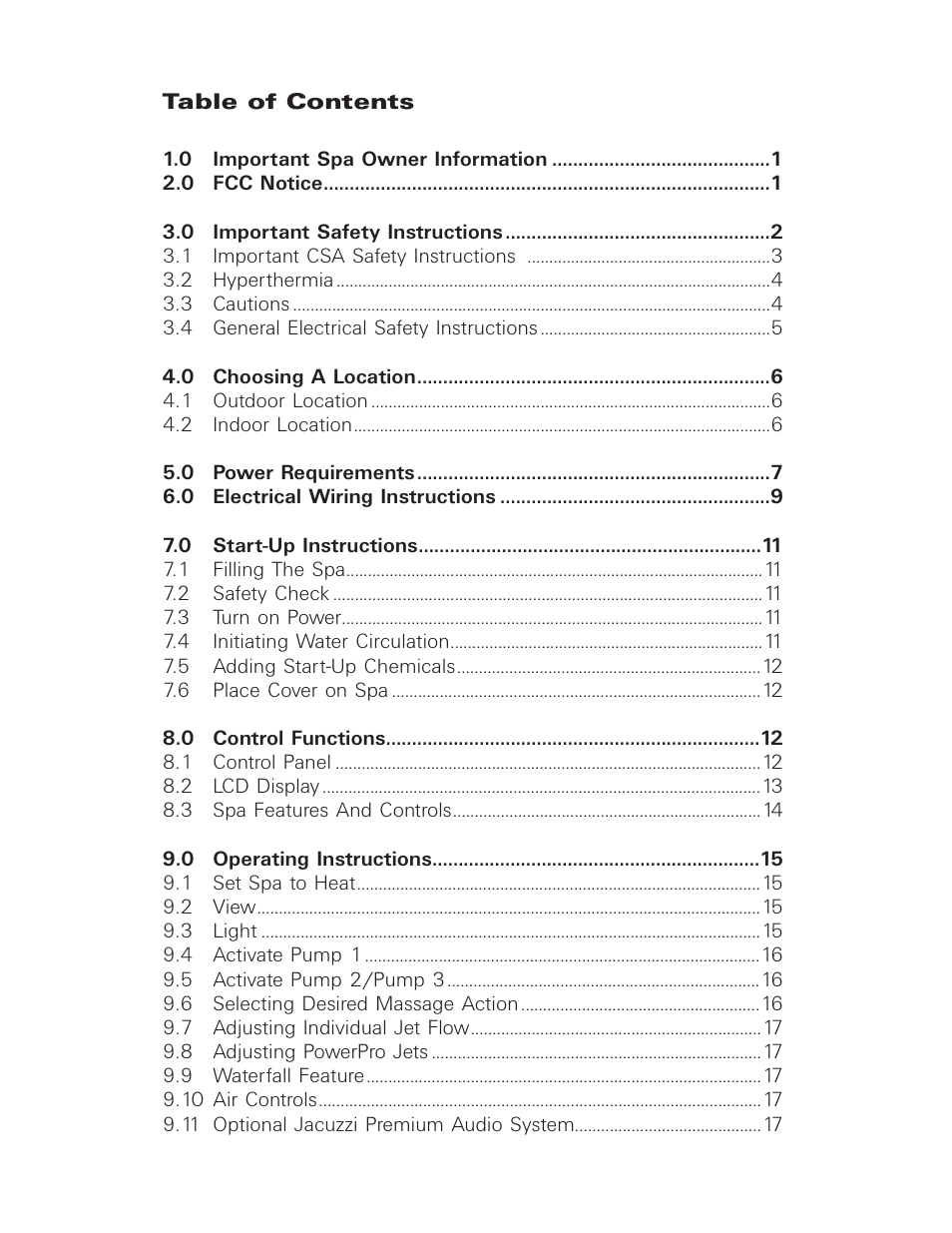 Table of contents (1) | Jacuzzi LCD Series User Manual | Page 3 / 54