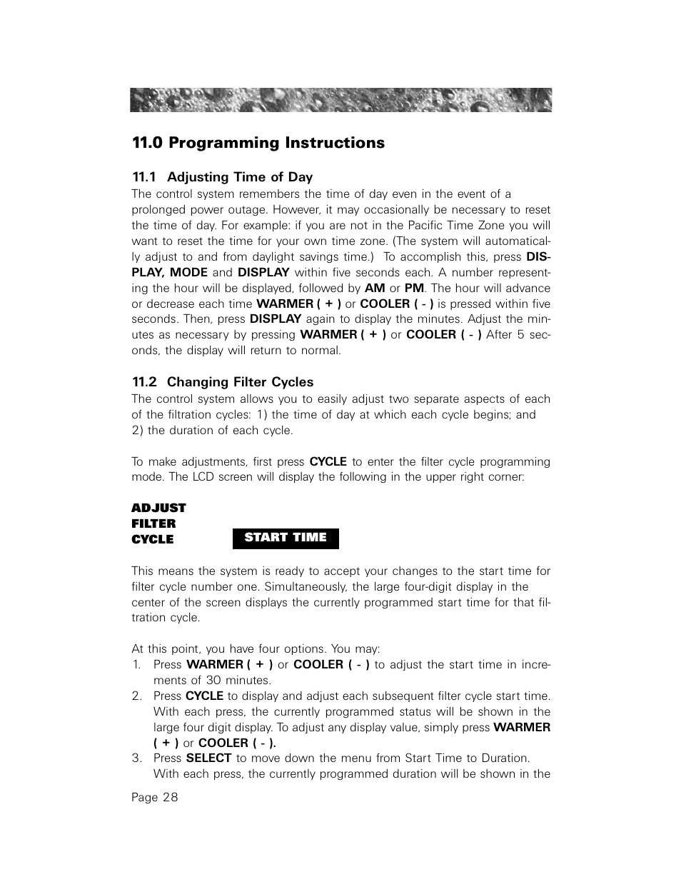 0 programming instructions, 1 adjusting time of day, 2 changing filter cycles | Jacuzzi LCD Series User Manual | Page 32 / 54