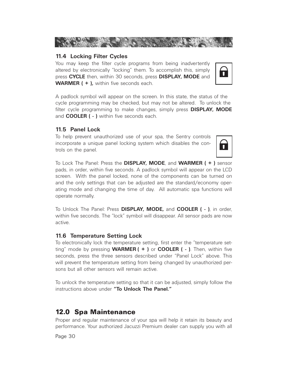 4 locking filter cycles, 5 panel lock, 6 temperature setting lock | 0 spa maintenance | Jacuzzi LCD Series User Manual | Page 34 / 54