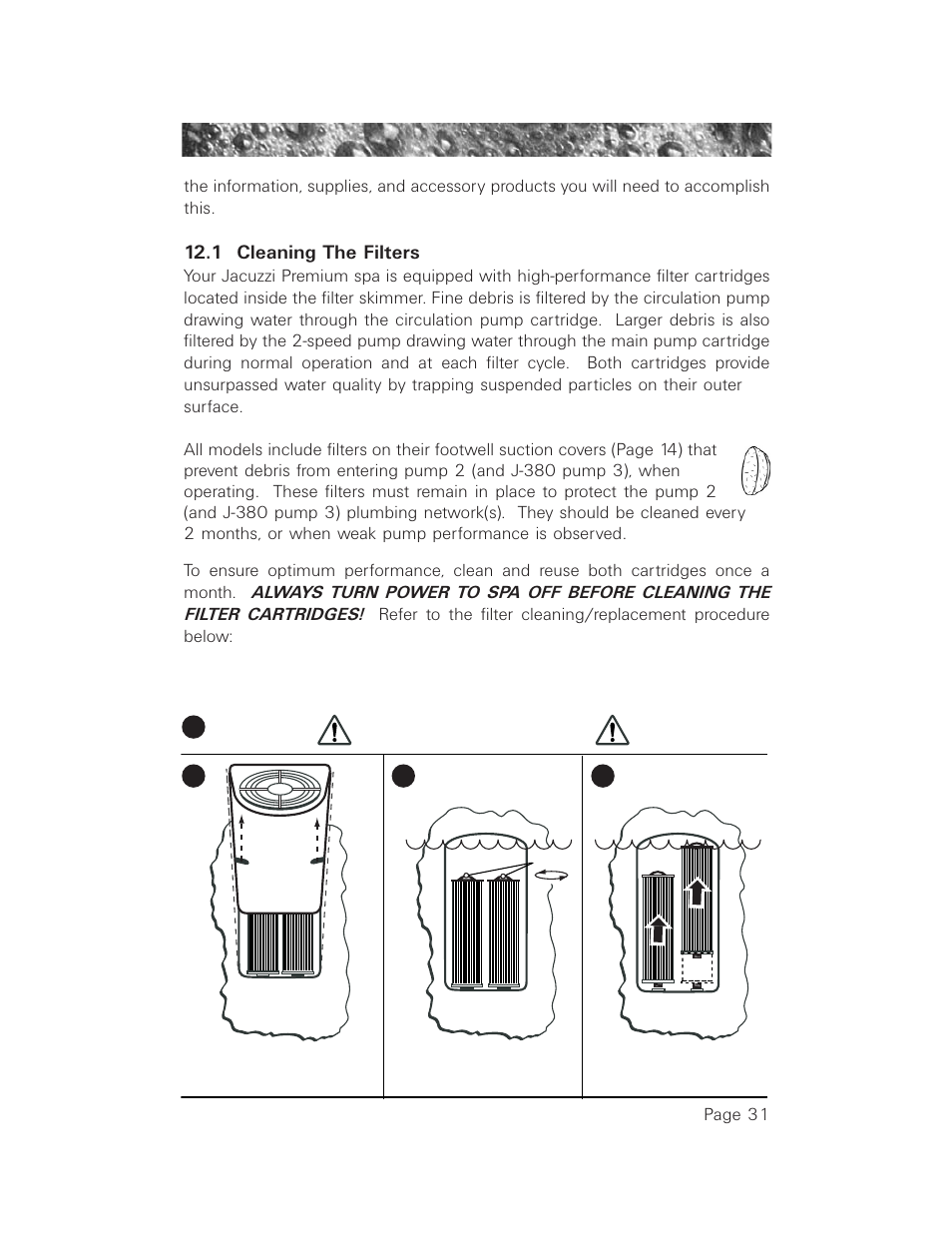 1 cleaning the filters | Jacuzzi LCD Series User Manual | Page 35 / 54