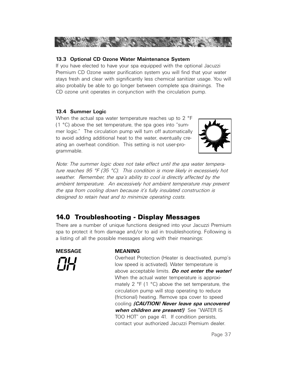 3 optional cd ozone water maintenance system, 4 summer logic, 0 troubleshooting - display messages | Jacuzzi LCD Series User Manual | Page 41 / 54