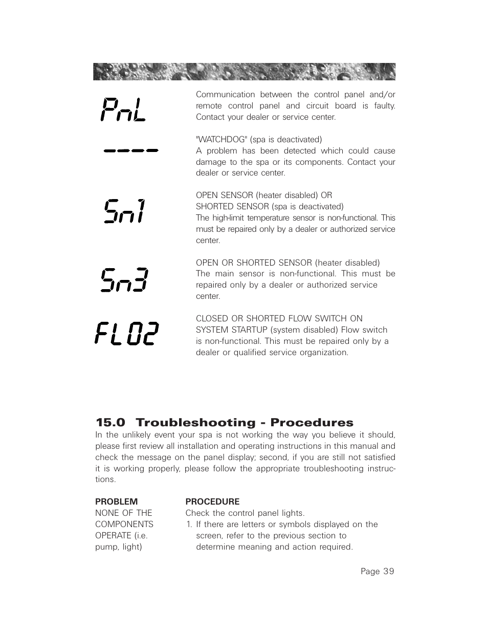 Fl02, 0 troubleshooting - procedures | Jacuzzi LCD Series User Manual | Page 43 / 54