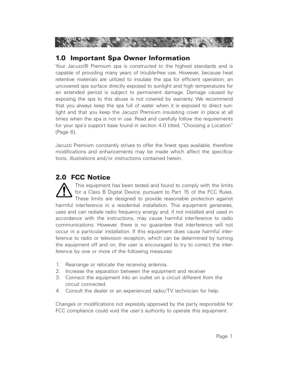 0 important spa owner information, 0 fcc notice, Important spa owner information | Fcc notice | Jacuzzi LCD Series User Manual | Page 5 / 54