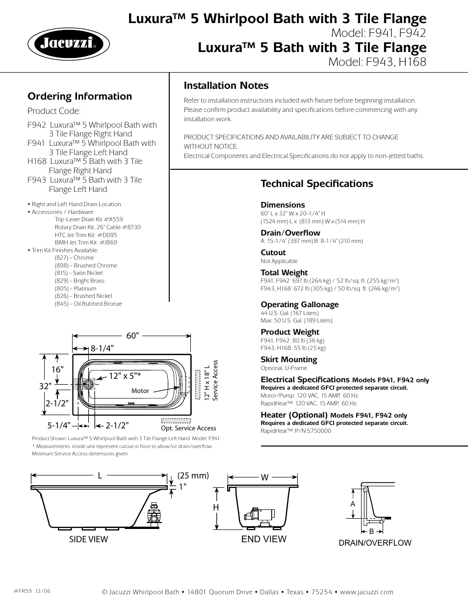 Luxura™ 5 whirlpool bath with 3 tile flange, Luxura™ 5 bath with 3 tile flange, Ordering information | Technical specifications | Jacuzzi Luxura F941 - LH User Manual | Page 2 / 2