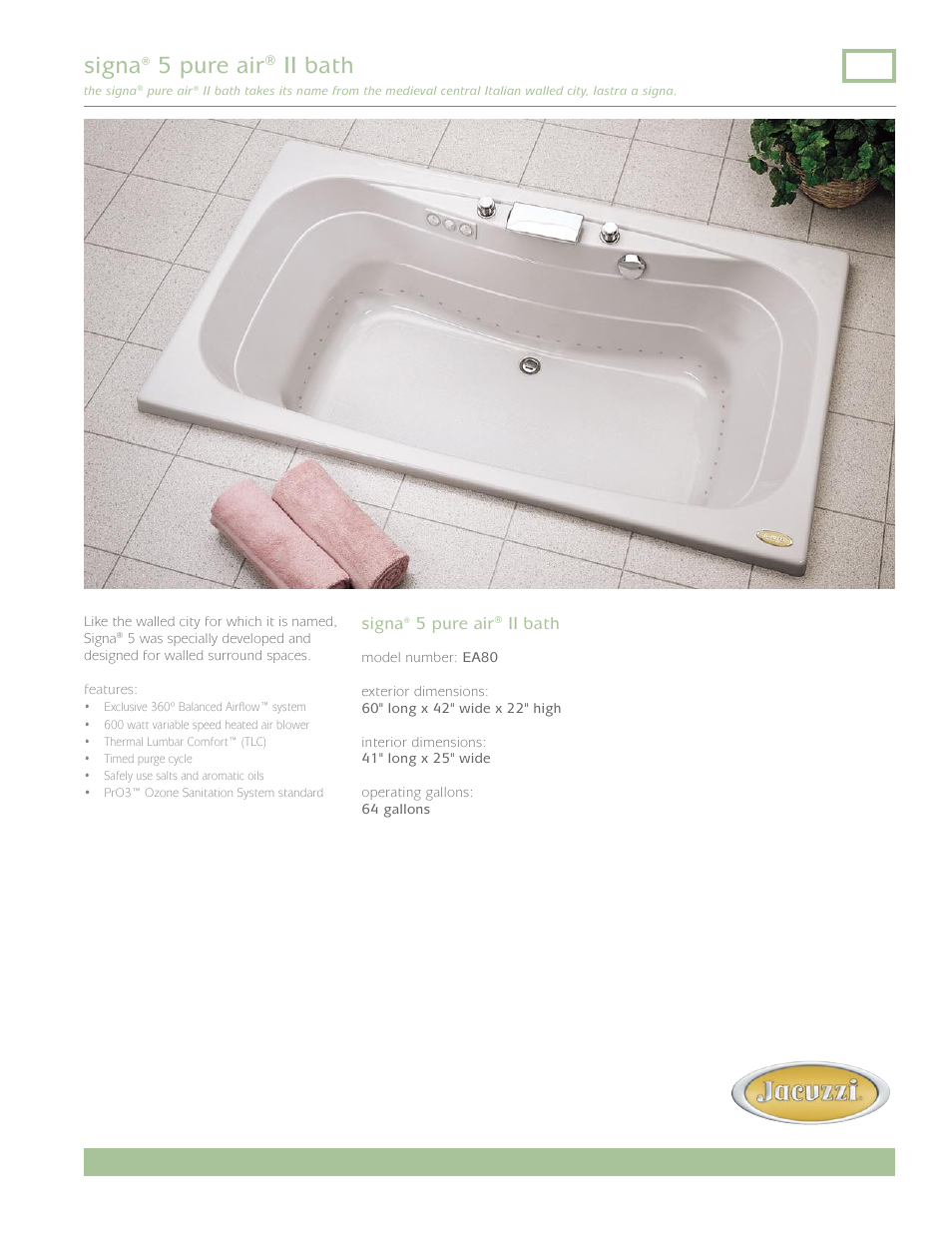 Jacuzzi Signa 5 Pure Air II Bath EA80 User Manual | 2 pages