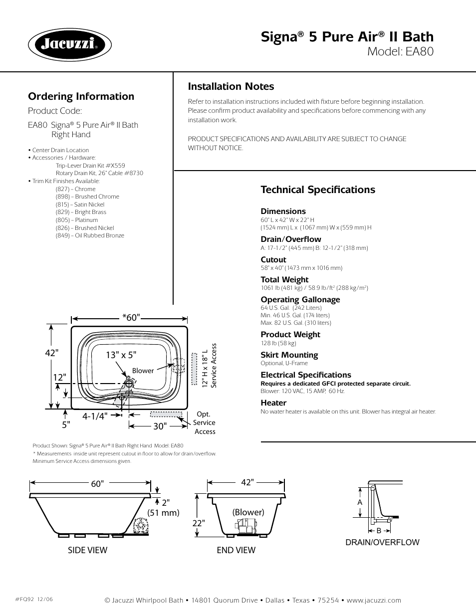 Signa® 5 pure air® ii bath, Model: ea80, Ordering information | Technical specifications, Signa® 5, right hand air bath | Jacuzzi Signa 5 Pure Air II Bath EA80 User Manual | Page 2 / 2