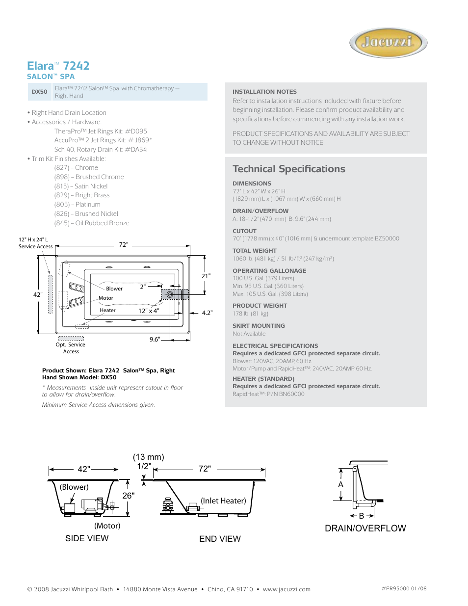 Elara, Technical specifications, Drain/overflow | Jacuzzi Elara 7242 User Manual | Page 2 / 2