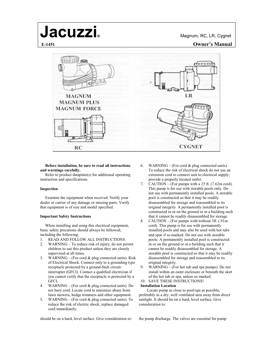 Jacuzzi MAGNUM User Manual | 8 pages
