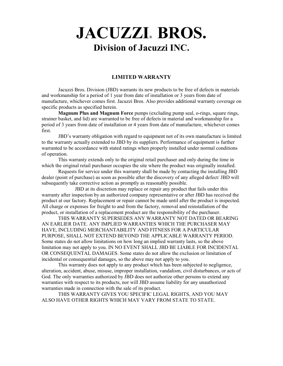 Jacuzzi, Bros, Division of jacuzzi inc | Jacuzzi MAGNUM User Manual | Page 8 / 8