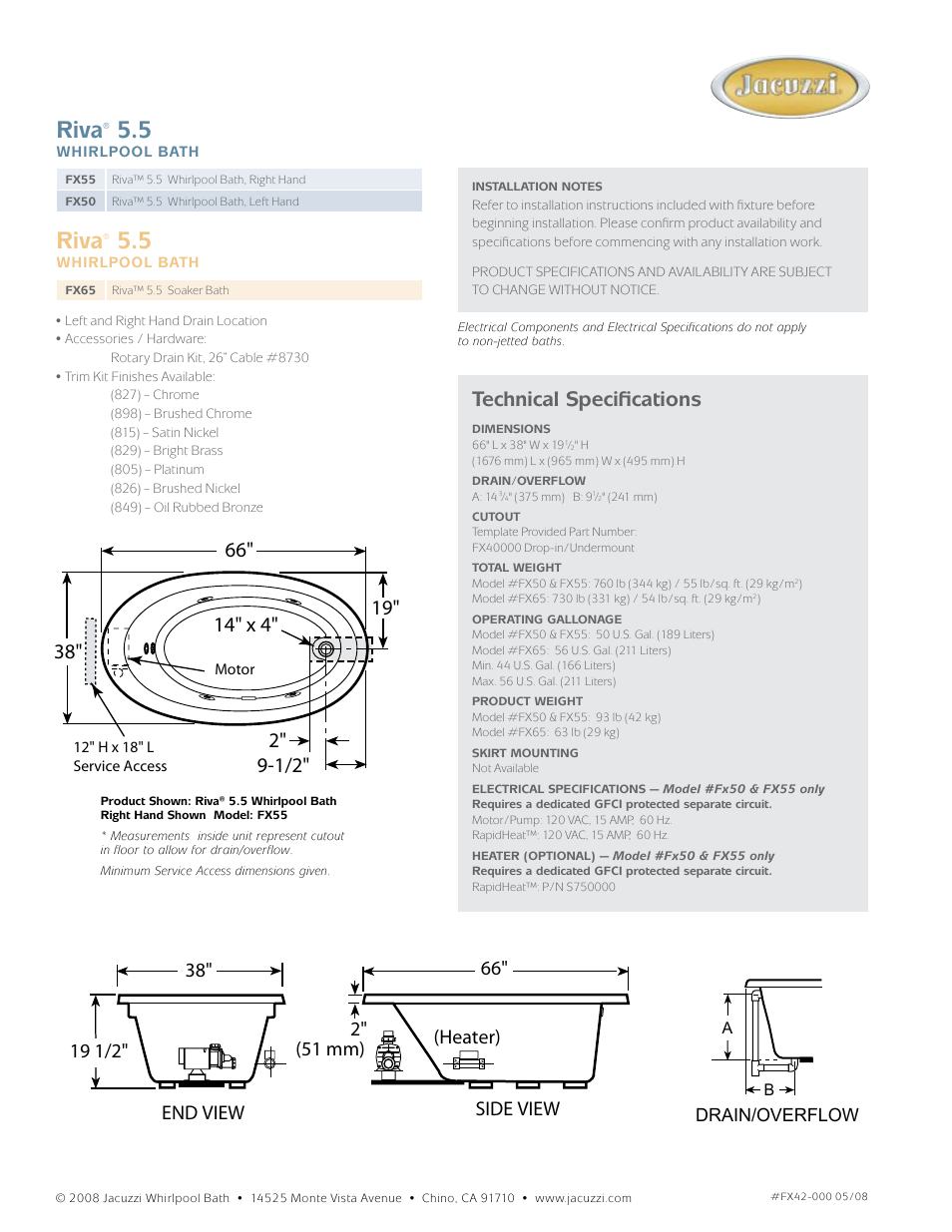 Riva, Technical specifications, Drain/overflow | Jacuzzi FX65 User Manual | Page 2 / 2