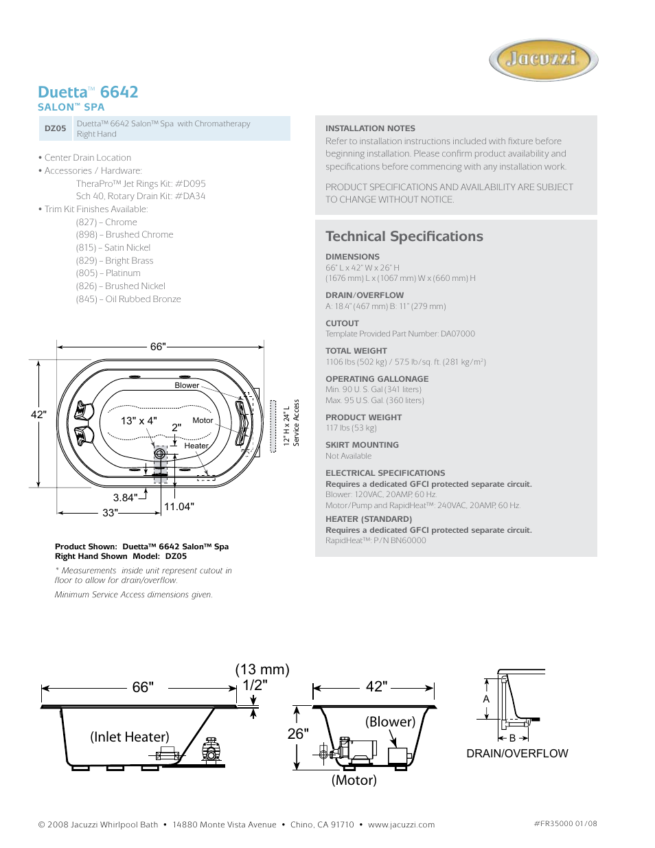 Duetta, Technical specifications | Jacuzzi Duetta DZ05 User Manual | Page 2 / 2