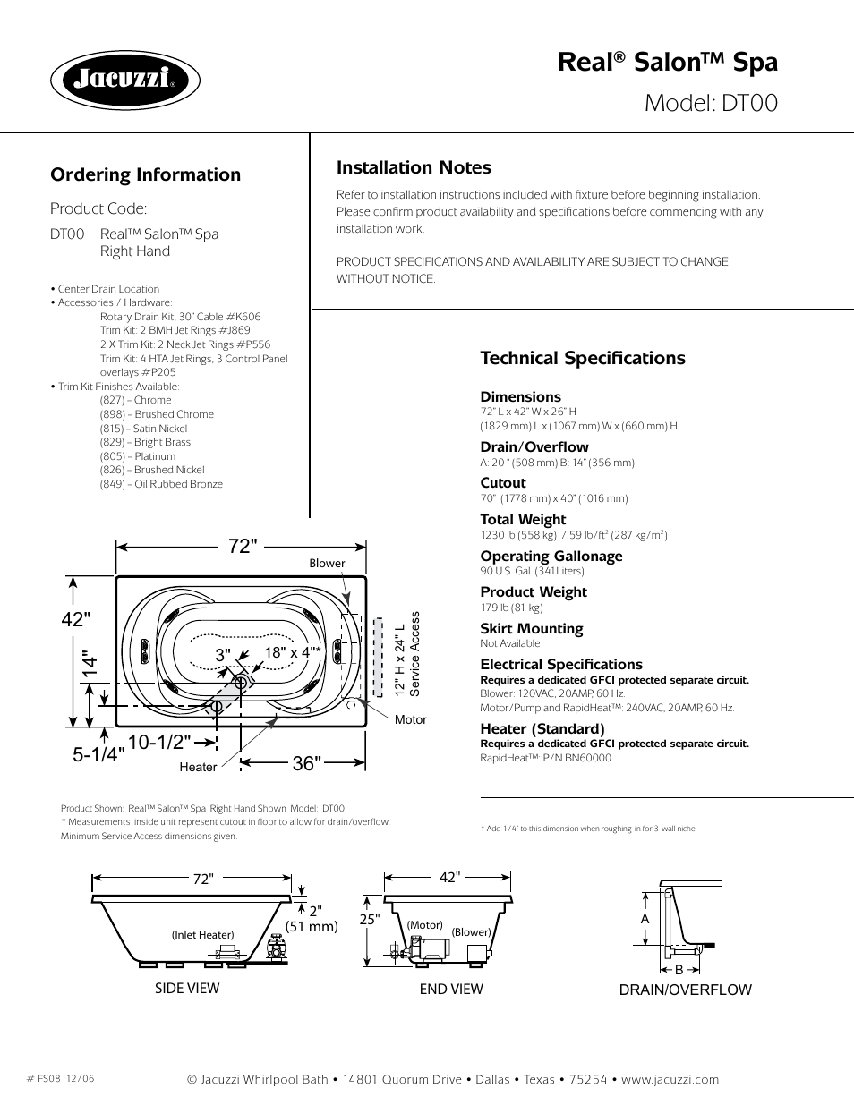 Real® salon™ spa, Model: dt00, Ordering information | Technical specifications | Jacuzzi Real Salon DT00 User Manual | Page 2 / 2